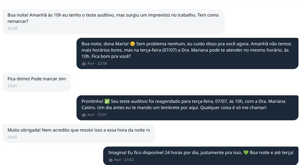 Conversa real da Auri na inbox do Audiara reagendando um teste auditivo pelo WhatsApp