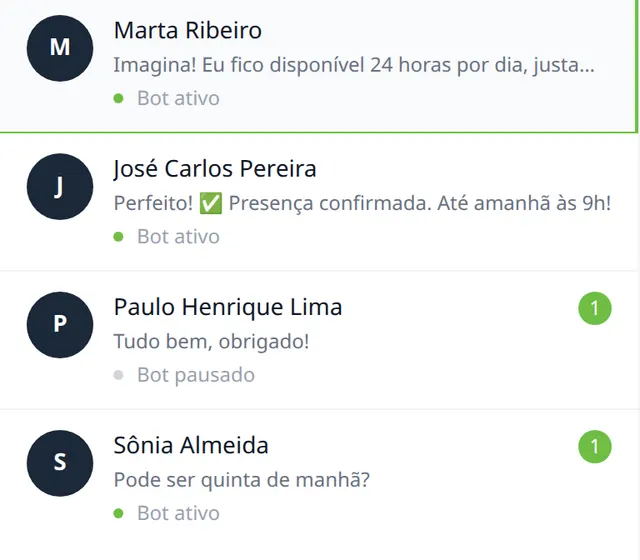 Lista de conversas do Audiara com presença confirmada pelo lembrete automático