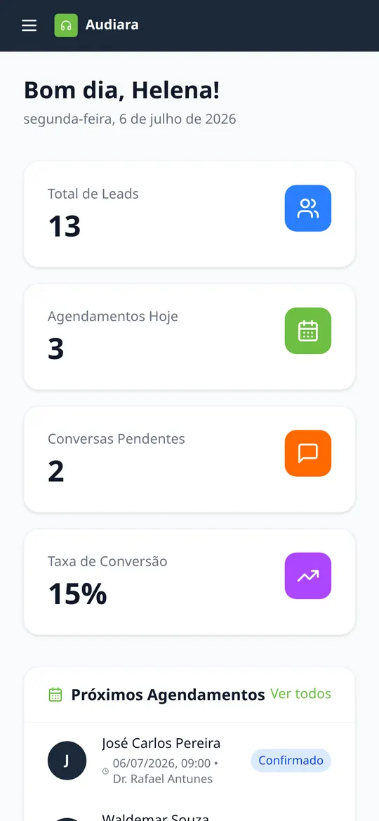 Dashboard do Audiara aberto no celular